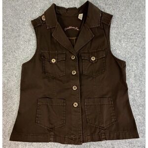 Utility Vest Button Front Collared Sleeveless Chocolate Pockets Size L